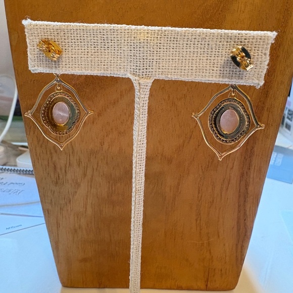 Elegant Gold and Peach Moonstone Dangle Earrings. Hespera Designs - Picture 2 of 2